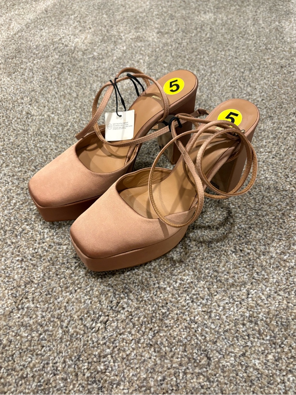 Zara Tan Satin Platform Ankle Wrap Heels - NWT